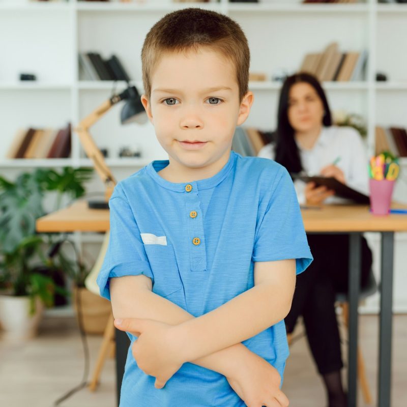 Young female psychologist working with little boy in office